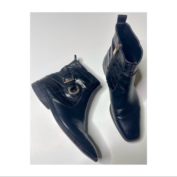 Zara Shoes - ZARA Black Leather Reptile Moto Buckle Square Toe Zipper Ankle Boots